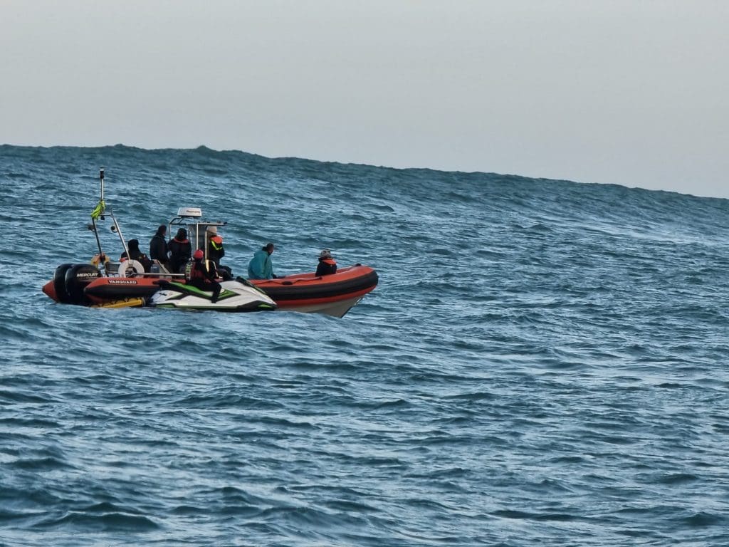 The Safety Team anticipate a big wave. Surfing expert Tom Butler hopes to catch a monster wave in Cornwall