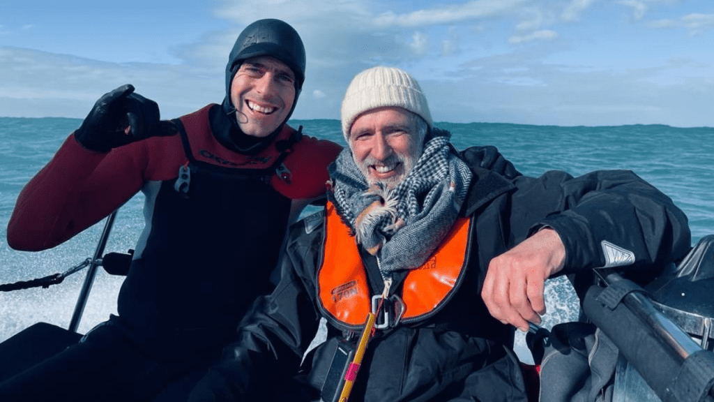 Big Wave Surfer Tom Butler and Big Wave director/ producer Mike Cunliffe our on the boat